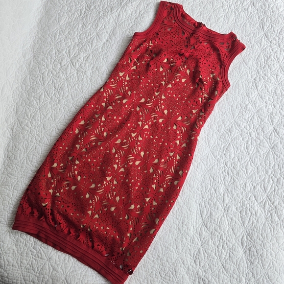 Tadashi Shoji Lasercut Lace Sleeveless Dress - Red Small - Picture 1 of 16